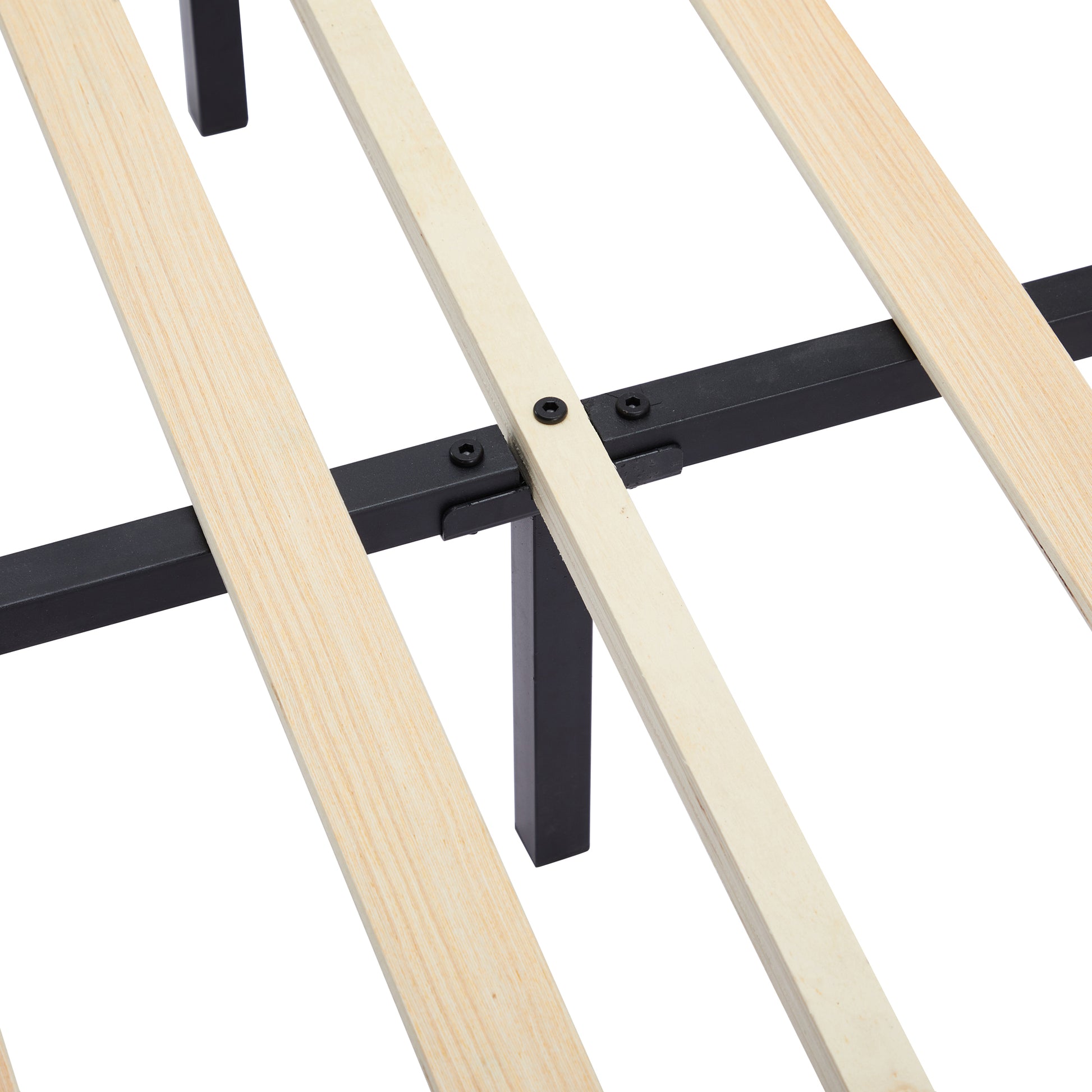 Metal bed frame with natural wood slats and black support legs