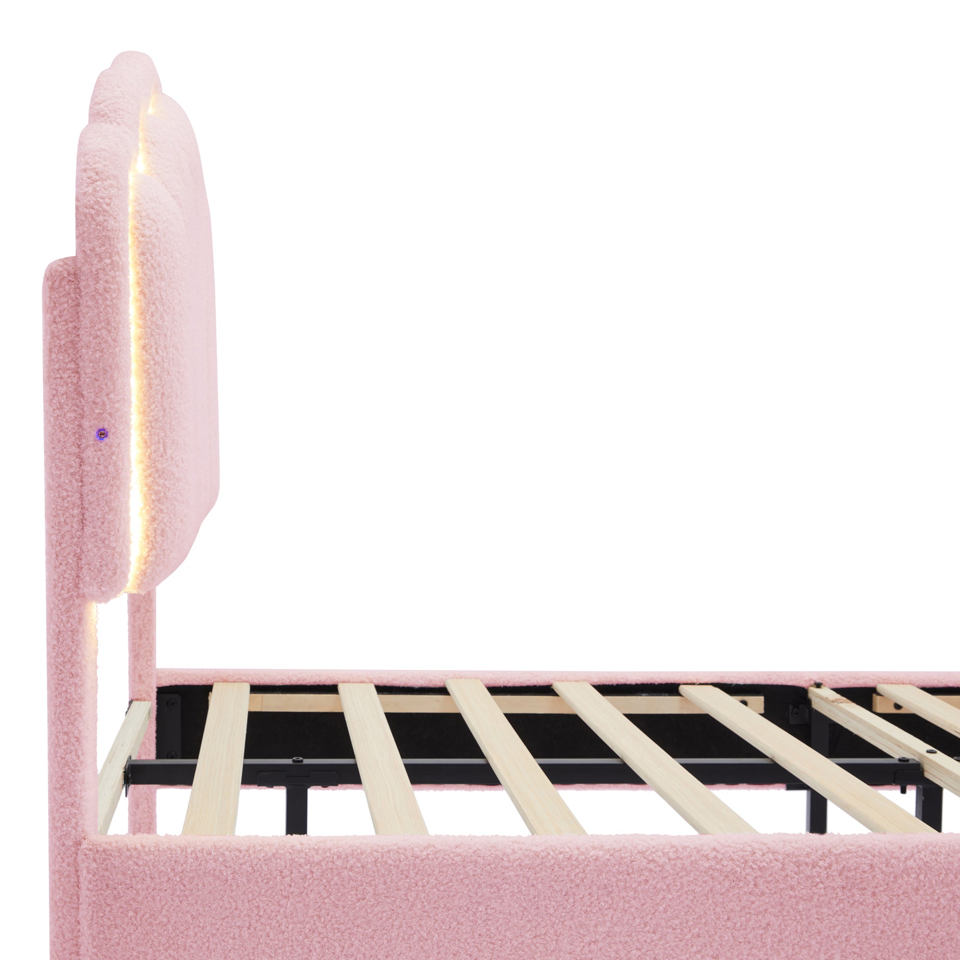 Pink teddy fabric bed frame with LED lights