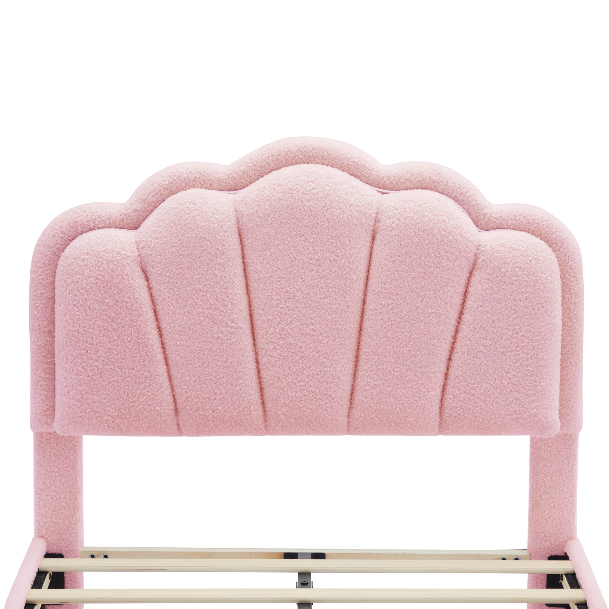 Pink teddy bear fabric bed frame with scalloped headboard