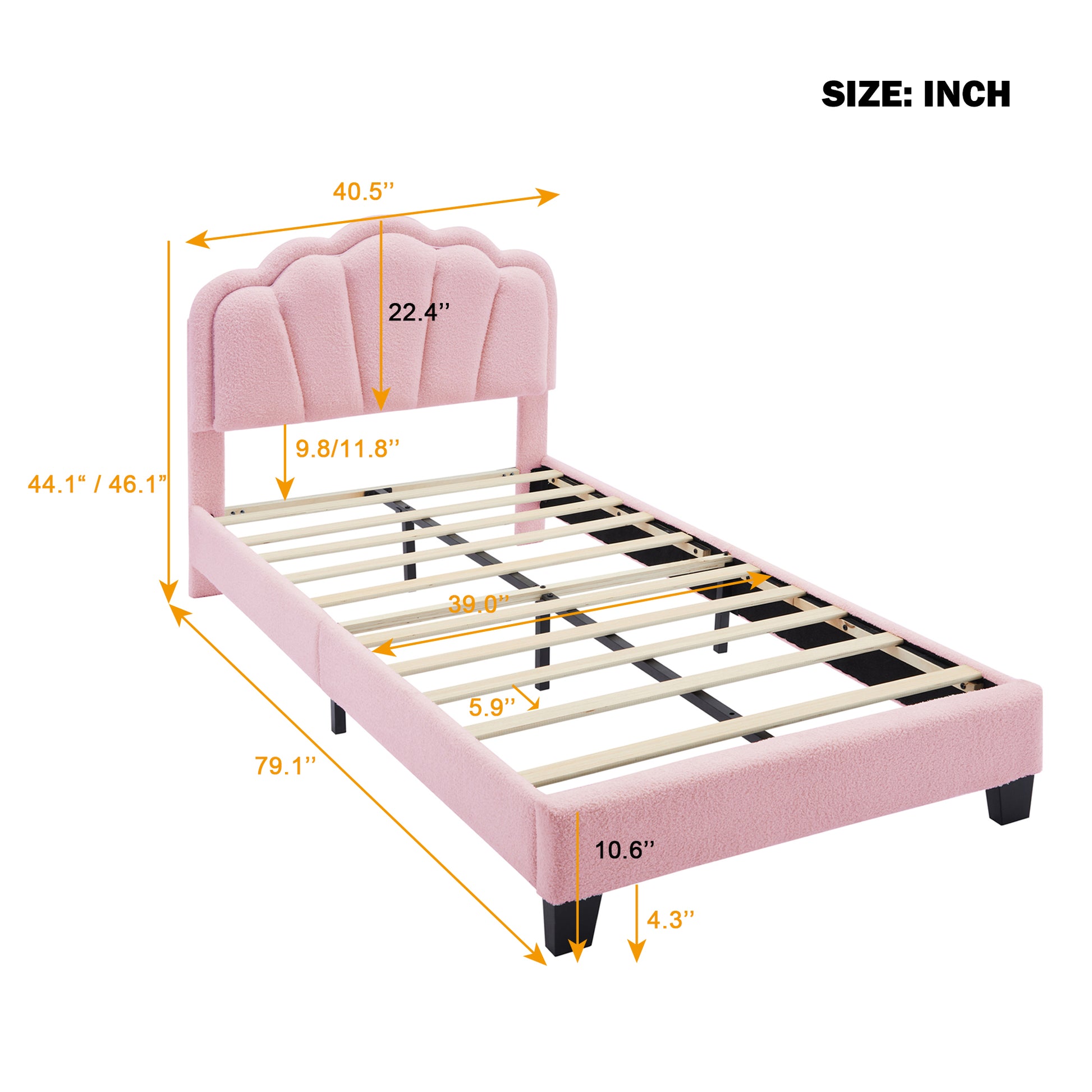 Pink fuzzy twin bed frame with scalloped headboard and wooden slats for support
