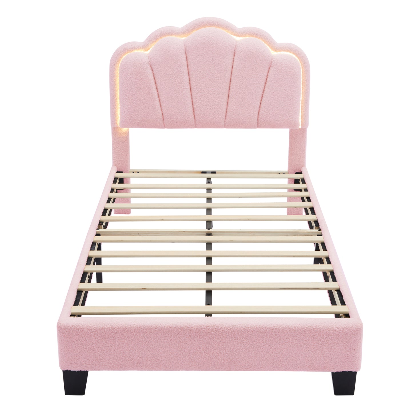 Pink scalloped headboard bed frame with LED lights
