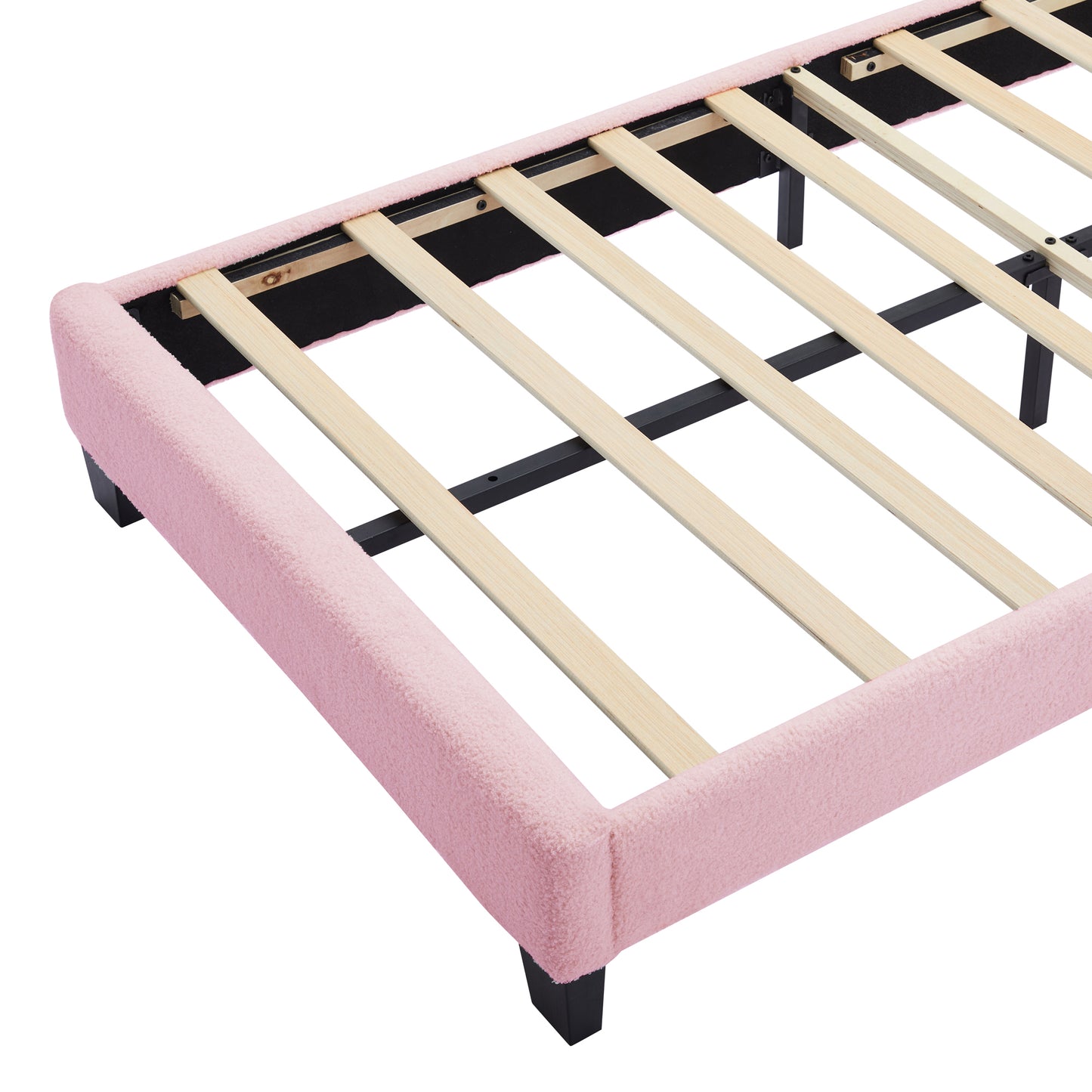 Pink sherpa upholstered bed frame with wooden slats and black legs
