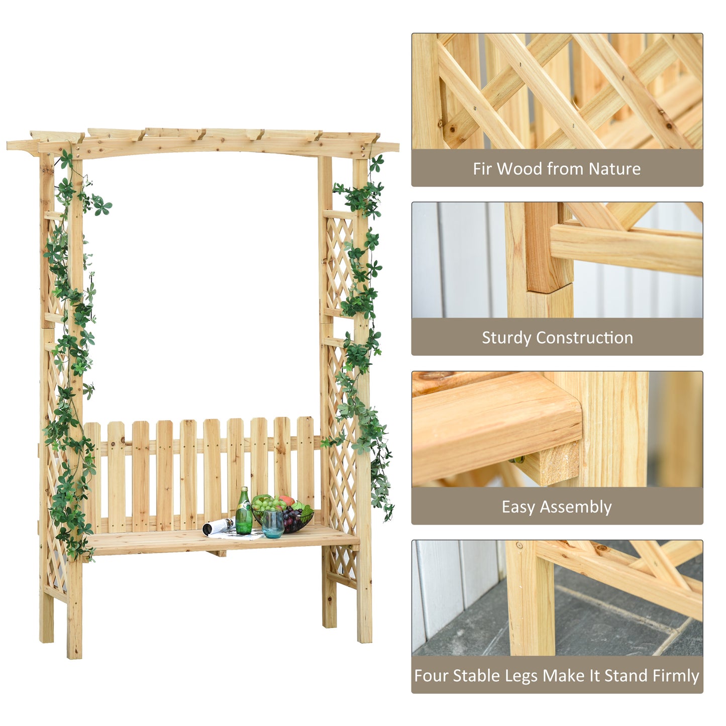 Wooden garden bench with trellis and decorative vine for outdoor seating