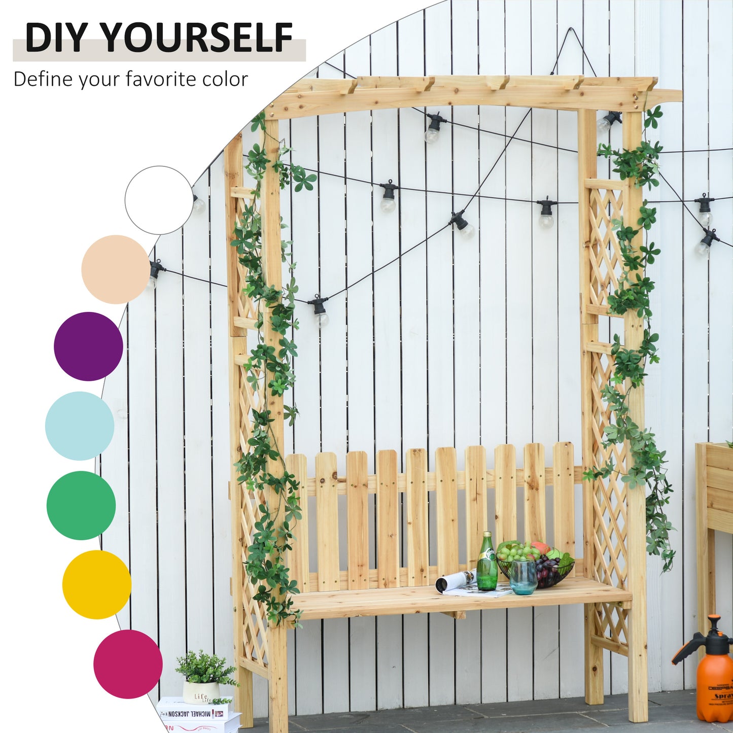 Wooden garden bench with lattice and climbing ivy perfect for outdoor relaxation