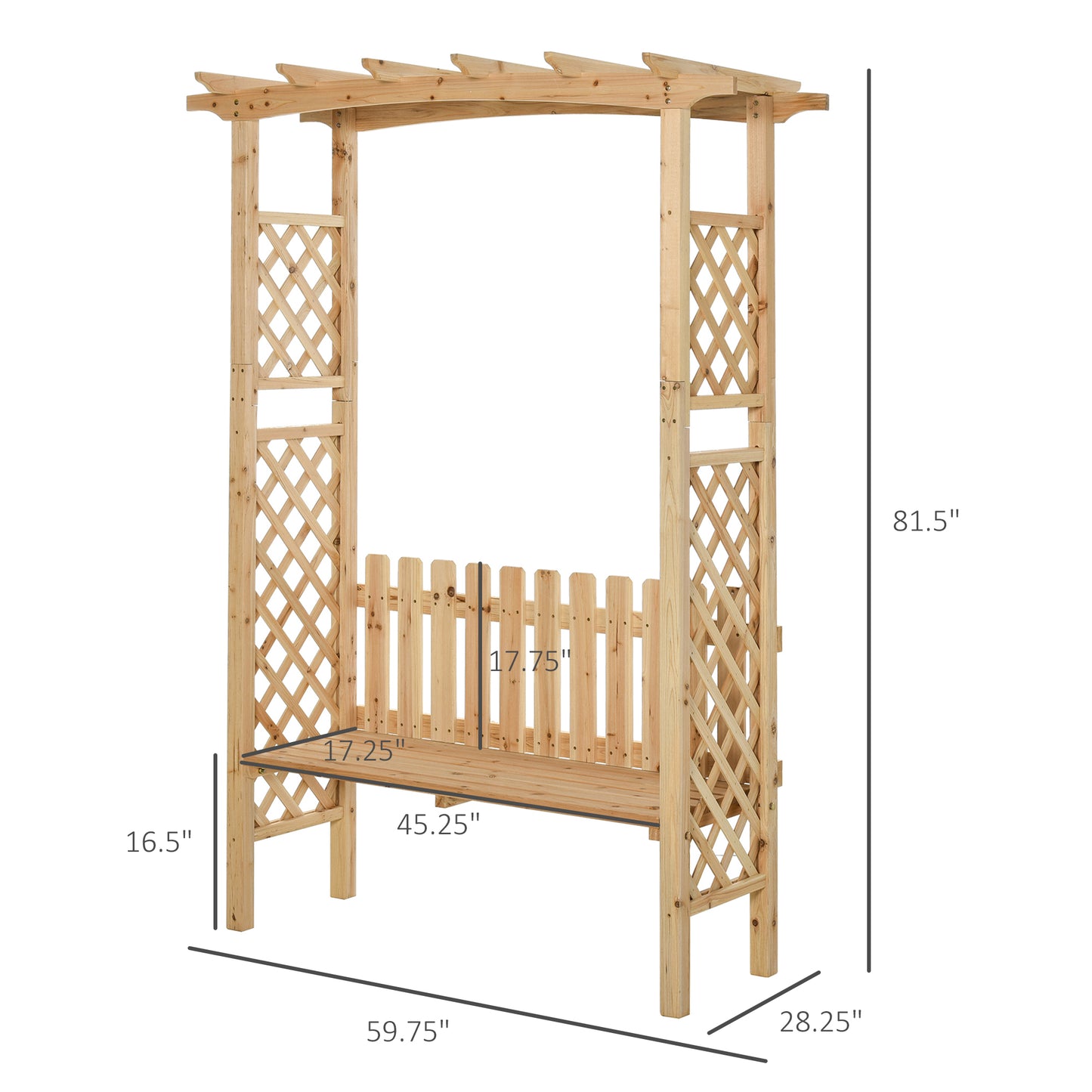 Natural wood garden arbor with bench and lattice sides perfect for outdoor seating