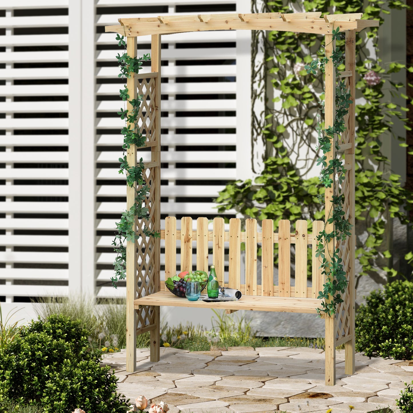 Wooden garden bench with trellis and vine accents ideal for outdoor relaxation