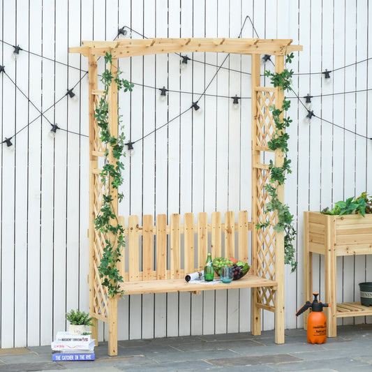 Wooden garden arch with bench and climbing ivy perfect for backyard patios