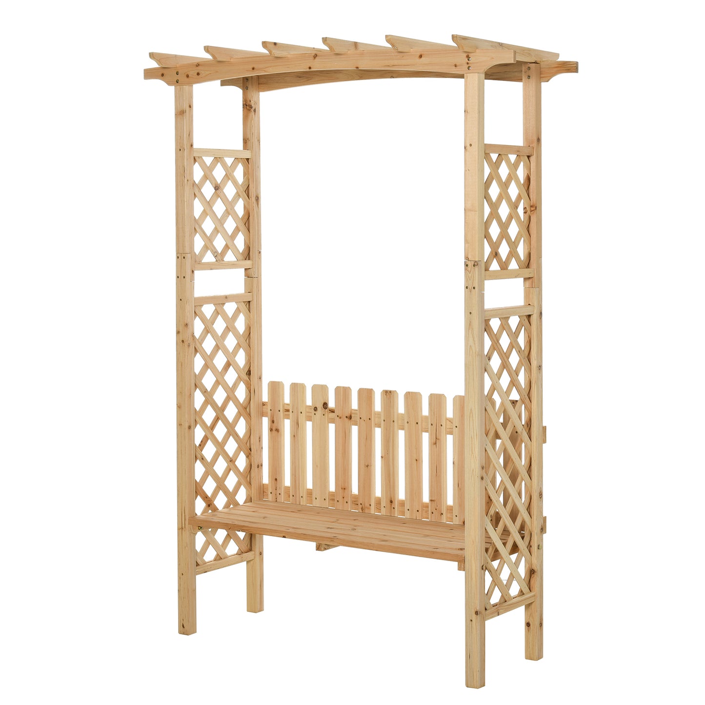 Wooden garden arbor bench with lattice sides and a slatted seat