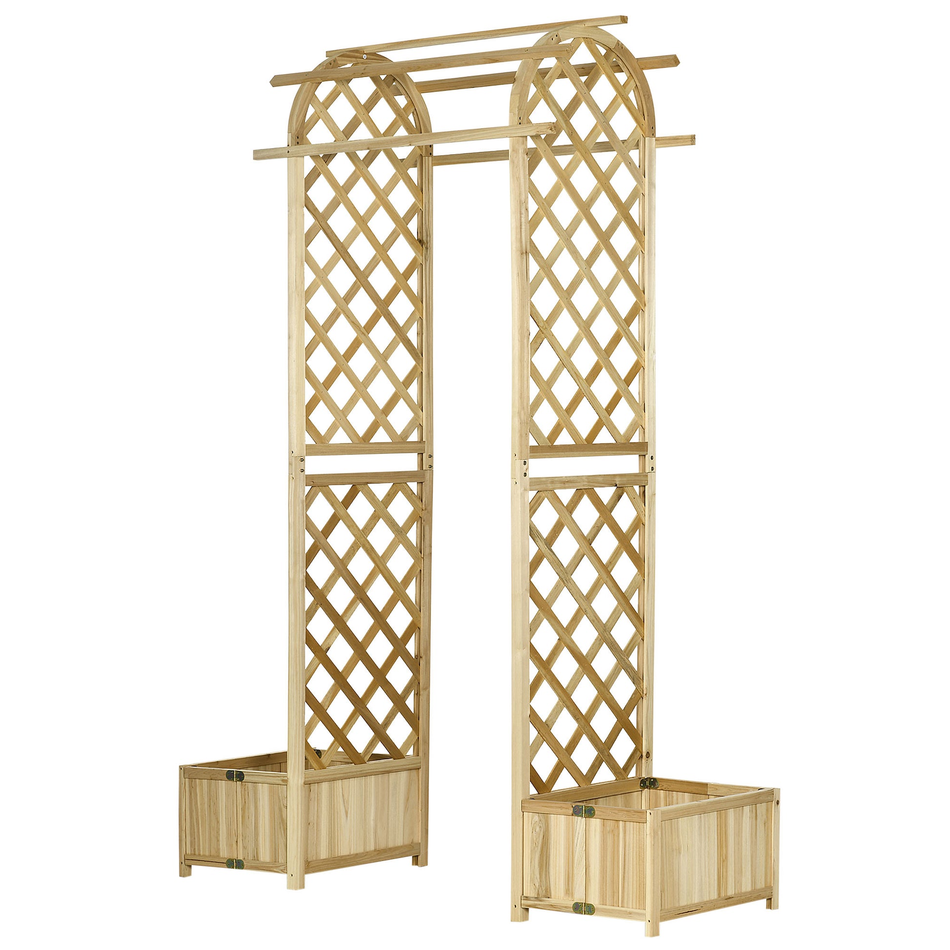 Wooden garden arch arbor with integrated planters for climbing plants