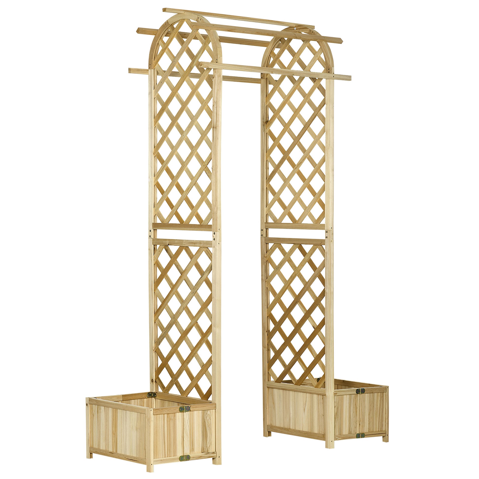 Wooden garden arch with builtin planters for climbing plants