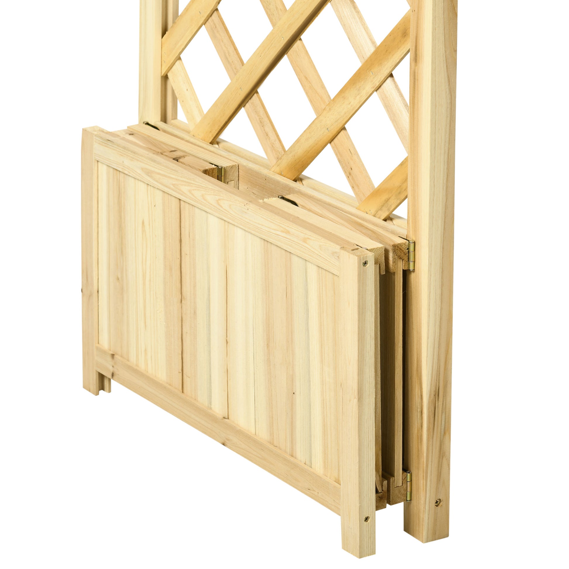 Natural wood garden lattice panel folded for storage with diagonal crosshatch design