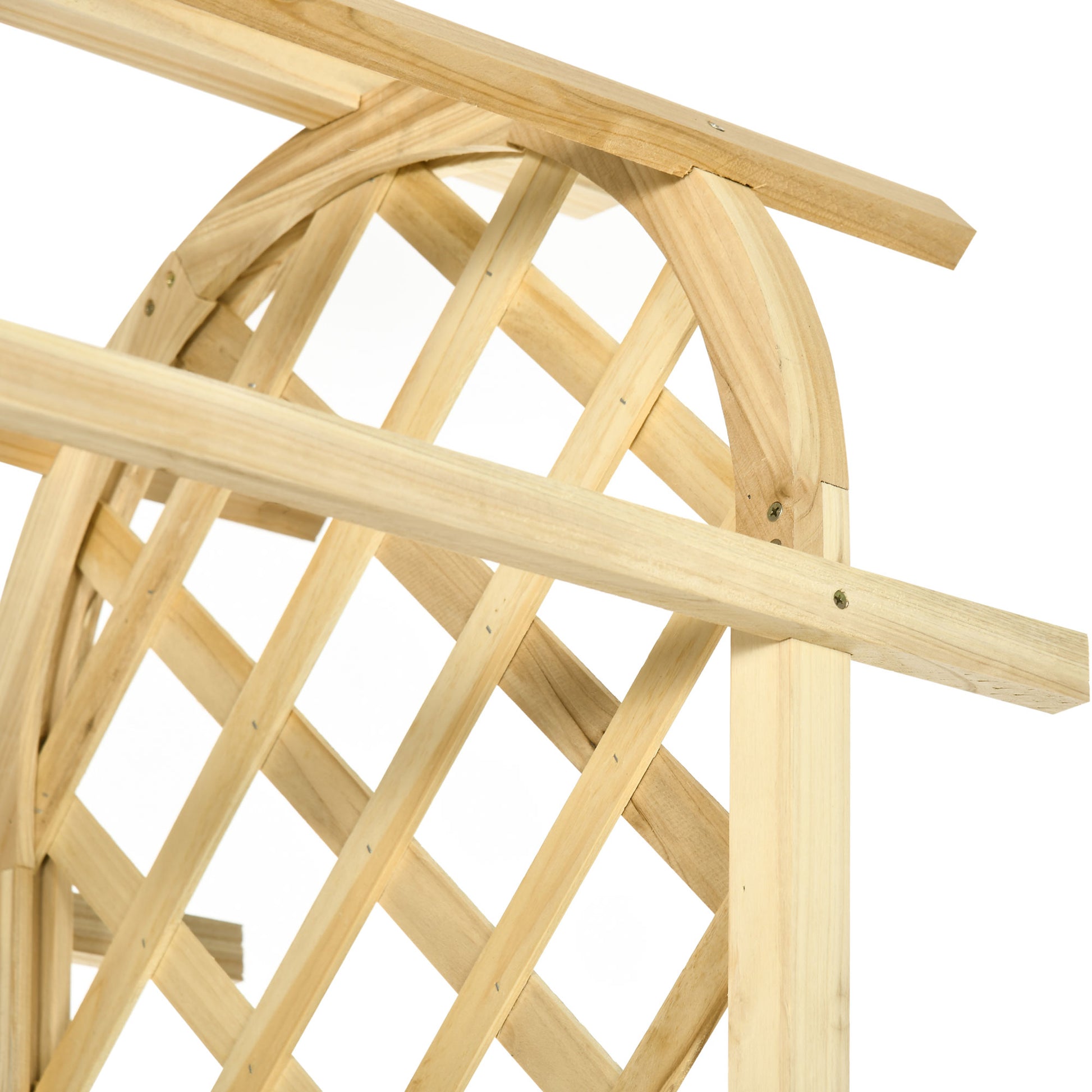 Closeup of natural wood garden arbor with crisscross lattice detail