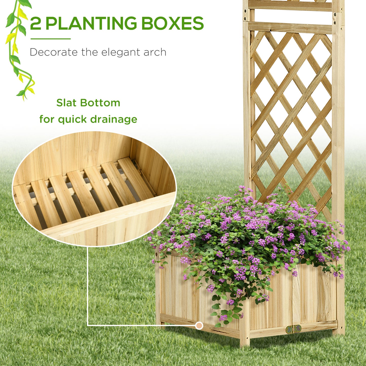 Wooden planting box with slat bottom for drainage