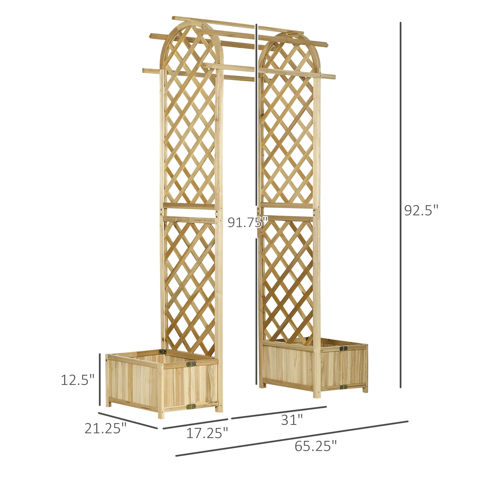 Wooden garden arbor with builtin planters perfect for climbing plants