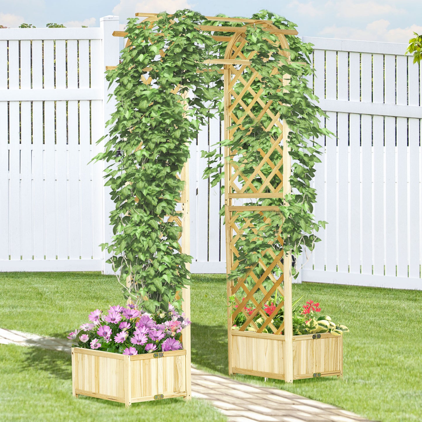 Wooden garden arch with integrated planter boxes and climbing ivy