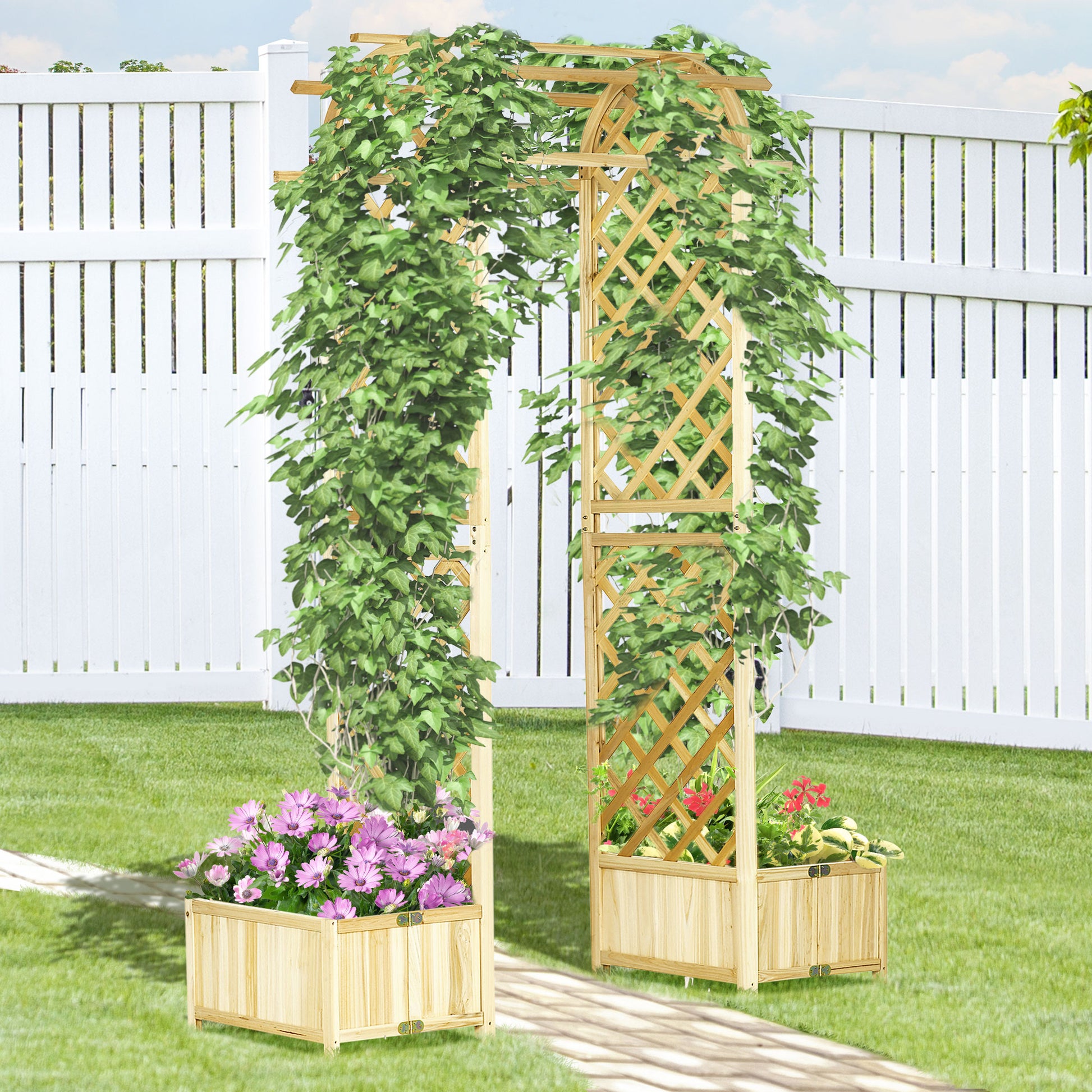 Wooden garden arch with integrated planter boxes and climbing ivy