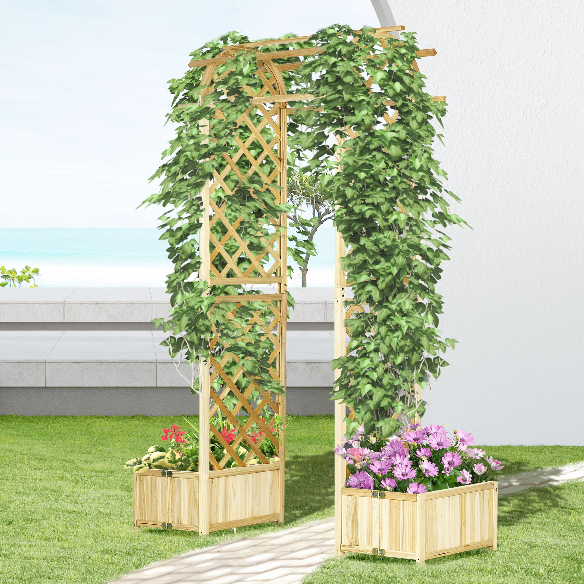 Natural wood garden arch trellis with planters featuring diamond lattice and climbing ivy