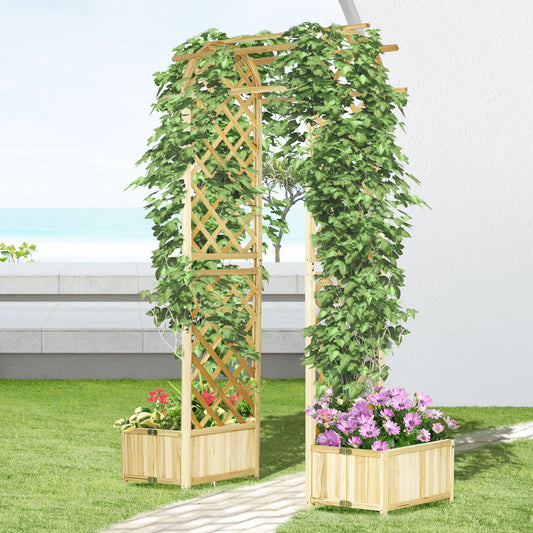Natural wood garden arch trellis with planters featuring diamond lattice and climbing ivy
