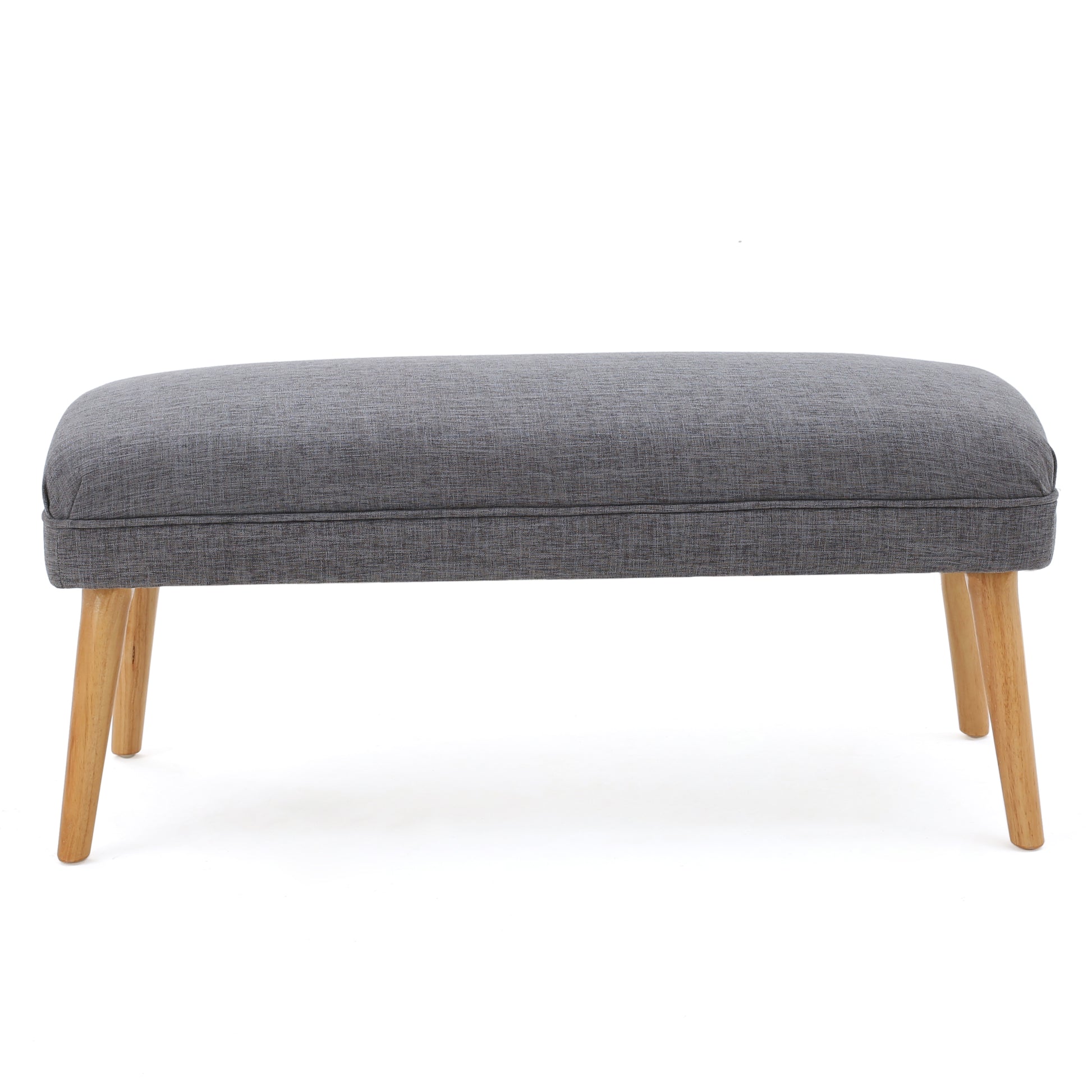 Gray fabric upholstered bench with tapered wooden legs for entryway seating