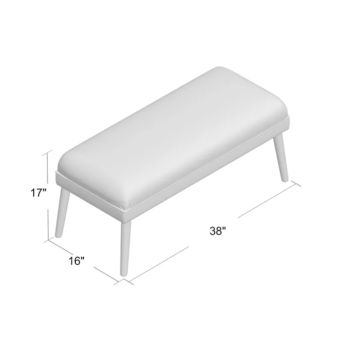 White upholstered bench with tapered legs  L x  W x  H
