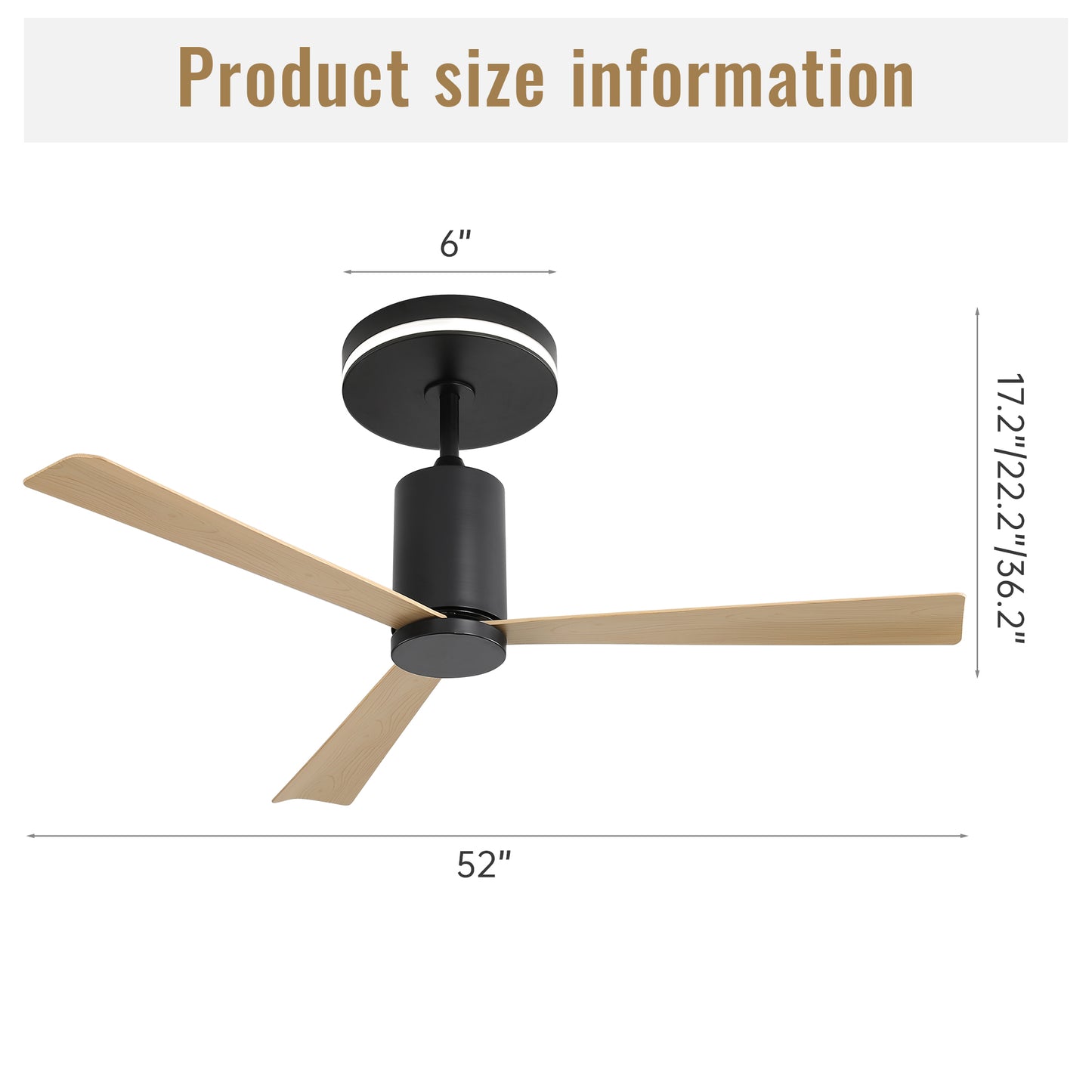 Modern black ceiling fan with natural wood blades inch diameter inch canopy height