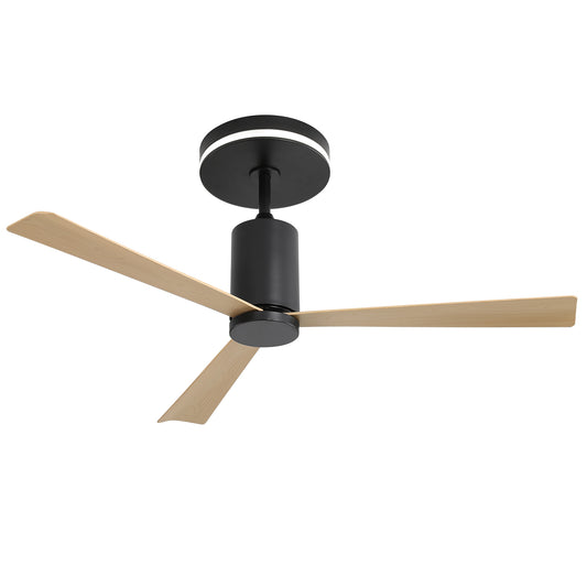 Modern black ceiling fan with three light wood blades and integrated LED light ring