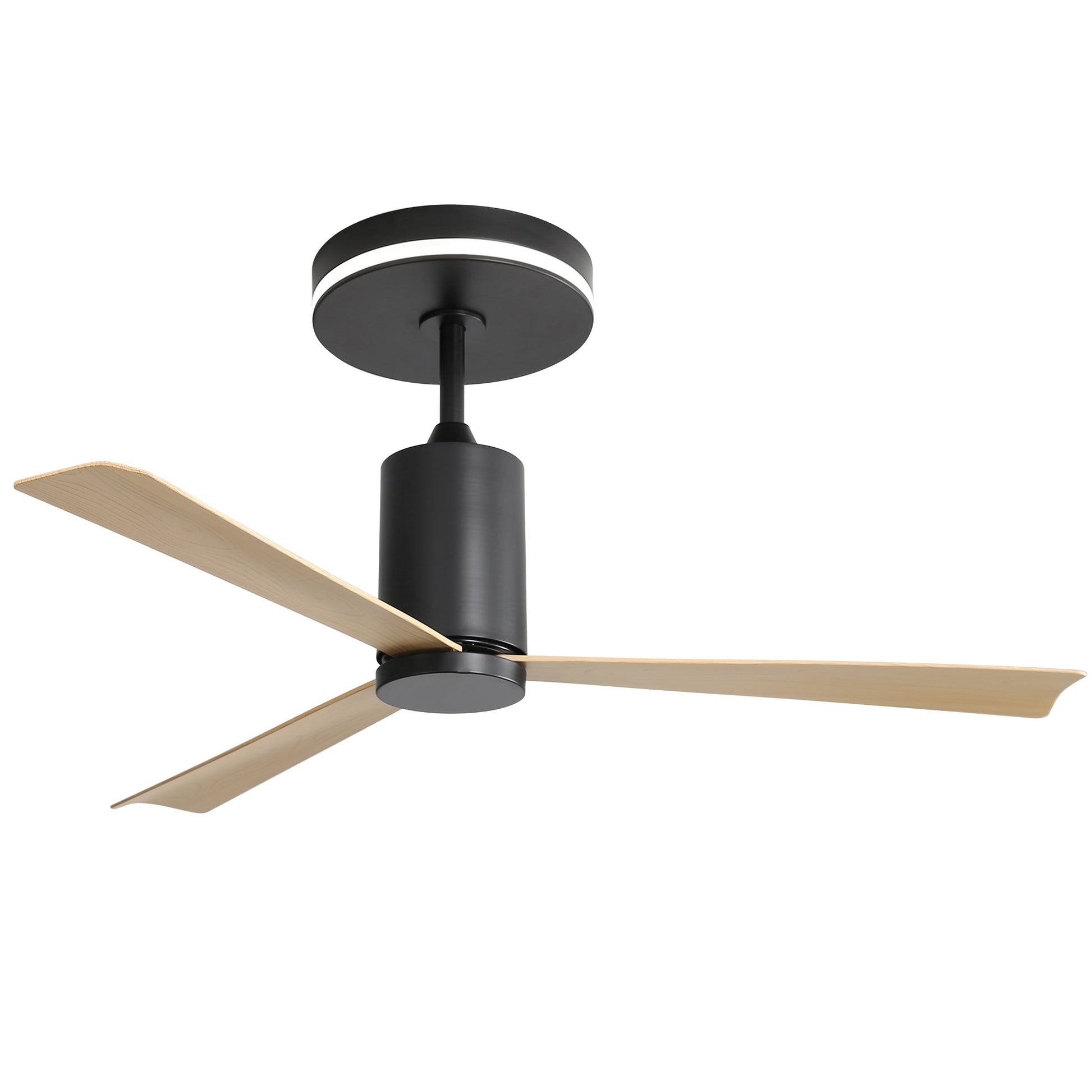 Modern black flush mount ceiling fan with light and natural wood blades