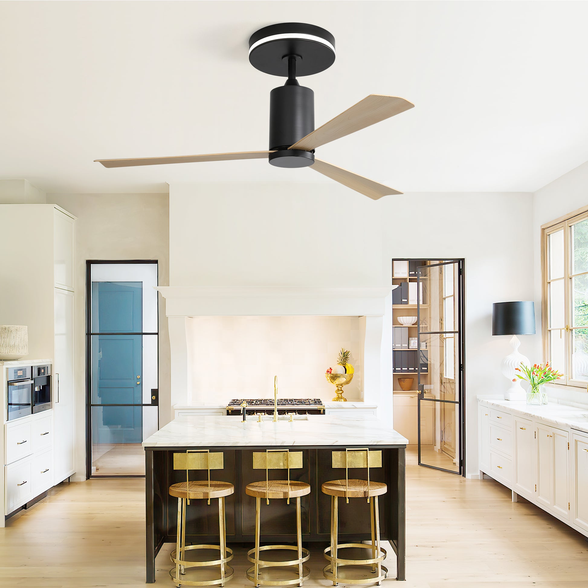Black modern ceiling fan with three light wood blades and integrated LED light