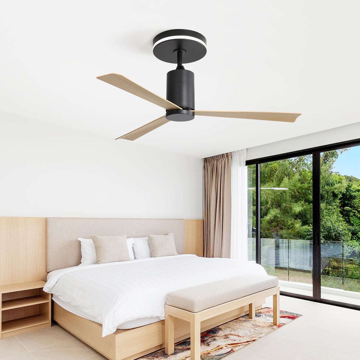 Black modern ceiling fan with natural wood blades and integrated LED light