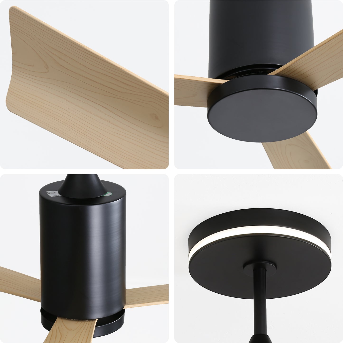 Modern black ceiling fan with natural wood blades clean lines and contemporary design