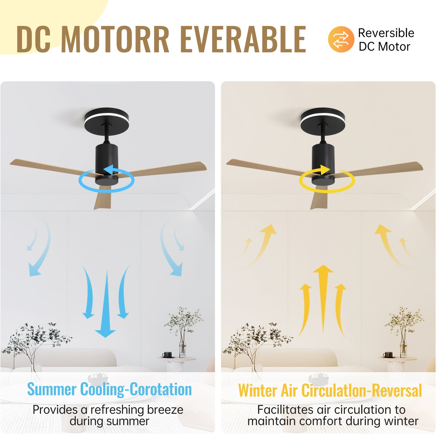 Black modern ceiling fan with wooden blades in summer mode circulating air downwards