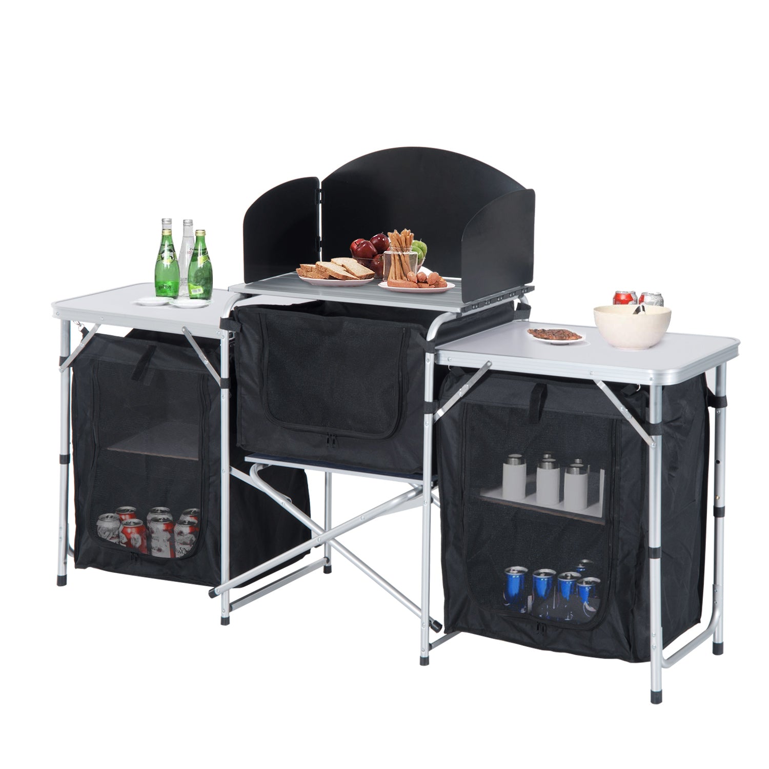 Compact aluminum camping kitchen with black storage cabinets and food prep area