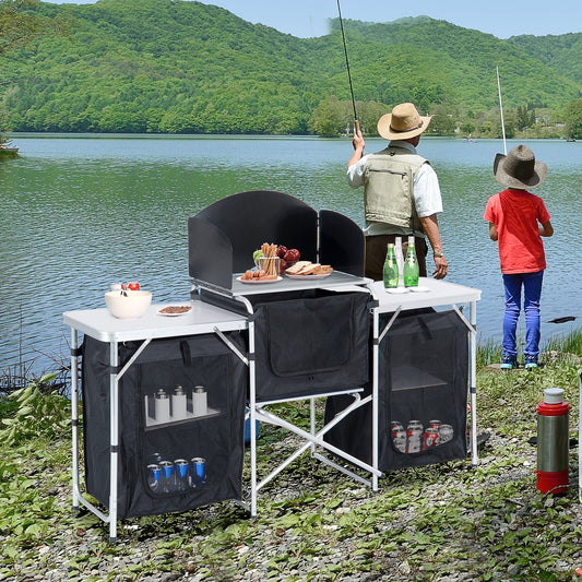Portable camping kitchen table with stove wind guard and storage Ideal for outdoor adventures