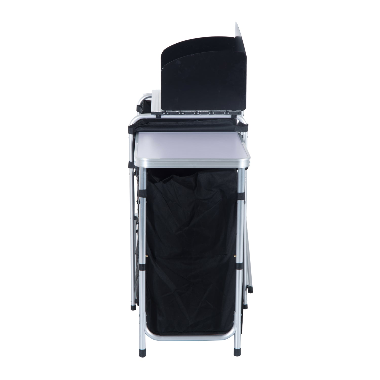 Portable camping kitchen station with silver frame and black fabric storage