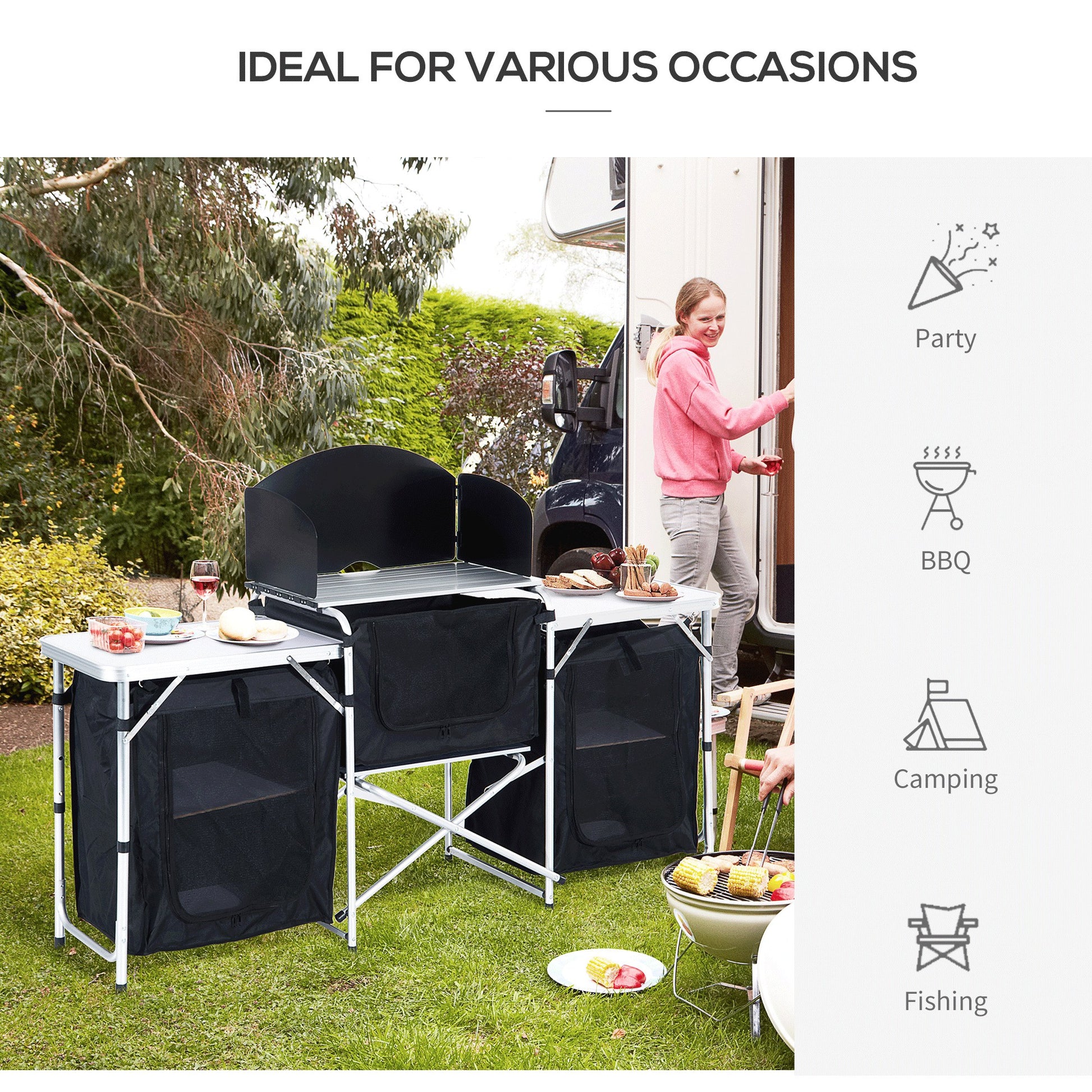 Compact outdoor kitchen with black storage ideal for camping trips