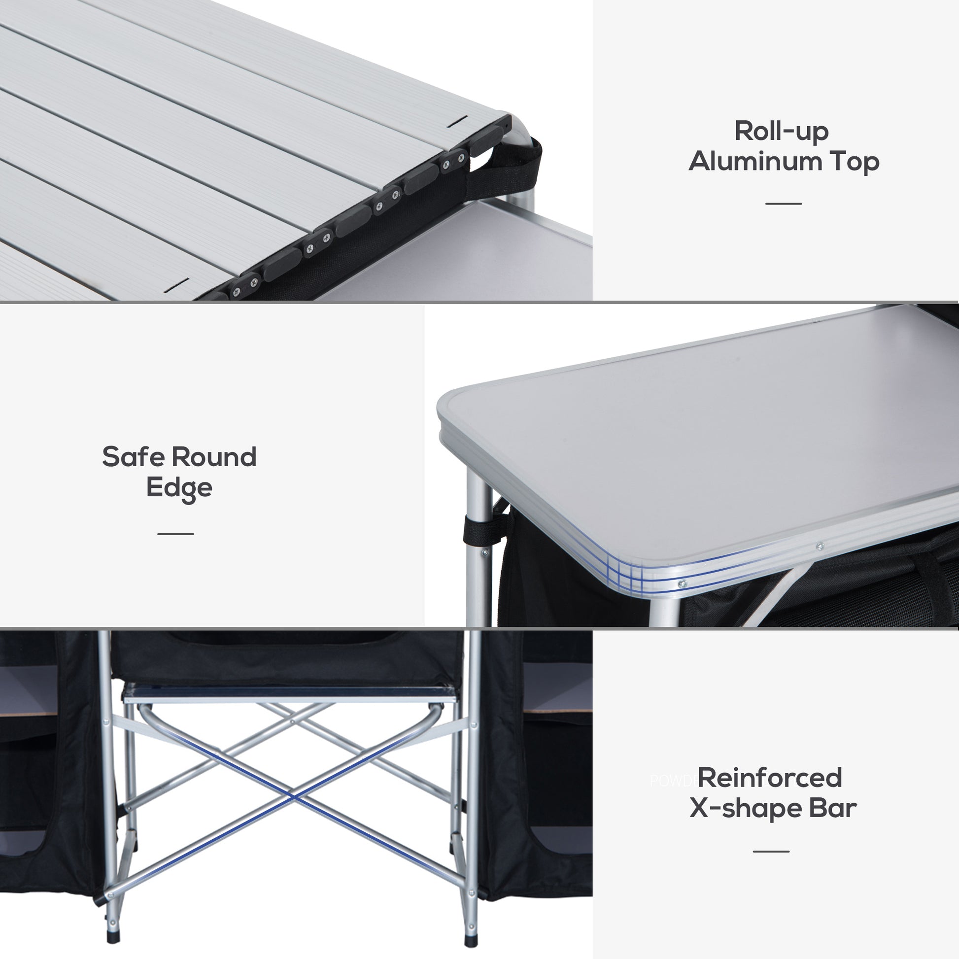 Closeup of rollup aluminum camping table top showing slats and connection points