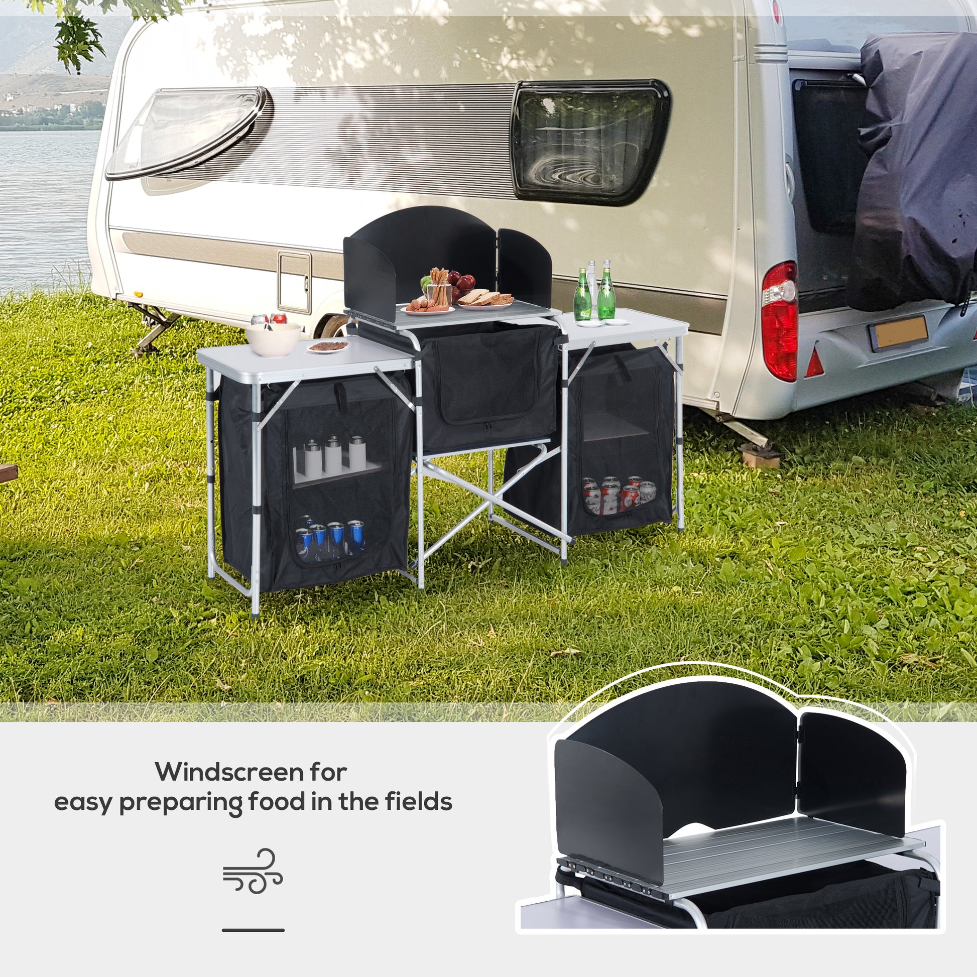Compact camping kitchen with aluminum frame black fabric storage and windscreen for outdoor cooking