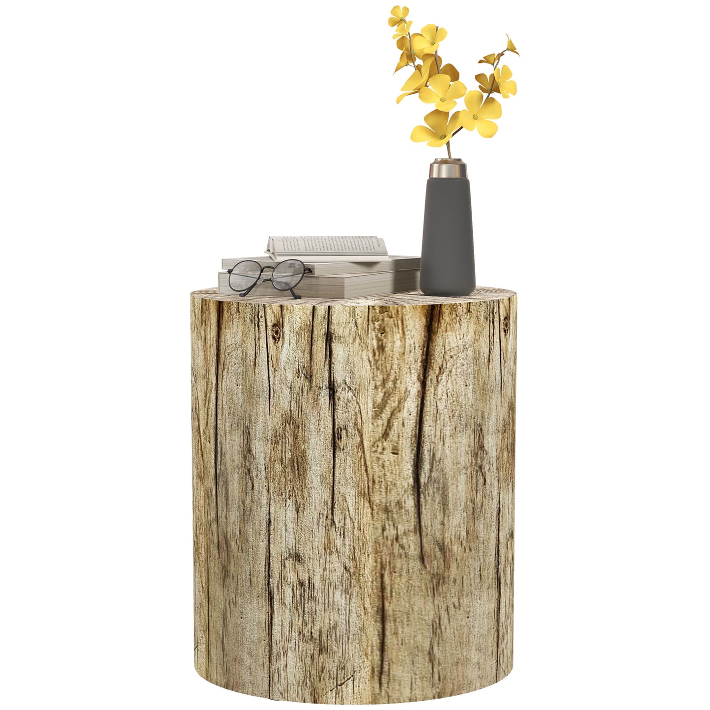 Rustic wood stump side table with books and yellow flowers