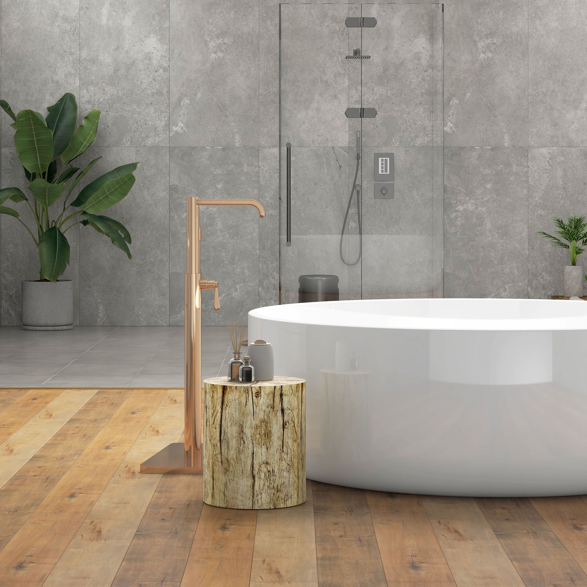 Modern freestanding bathtub with a matte black shower system and brushed gold fixtures