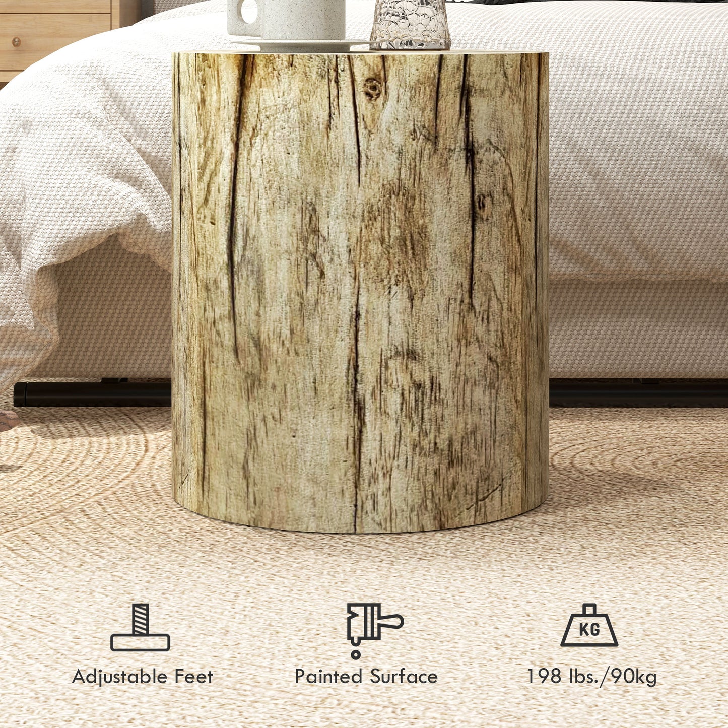 Rustic logshaped accent table with distressed wood grain texture and adjustable feet