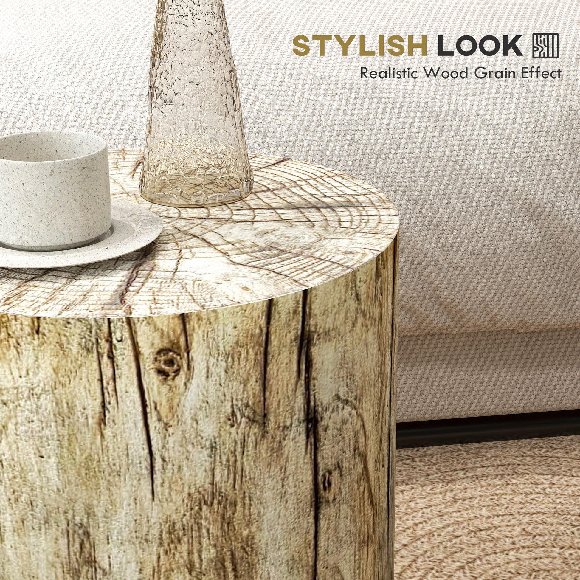 Log end table with realistic wood grain texture and a textured ceramic mug