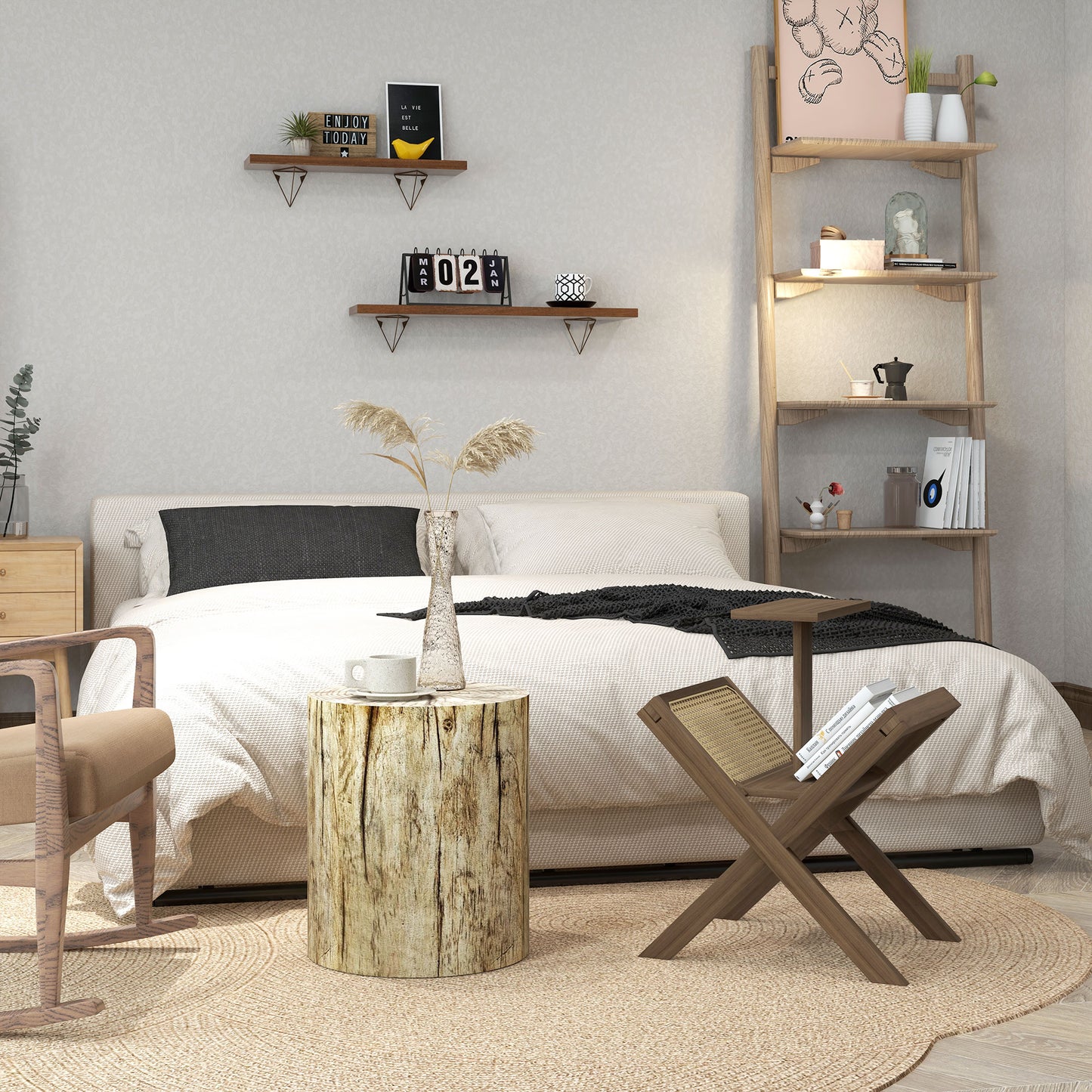 Wooden bedside table with three drawers and a glass top bedside lamp