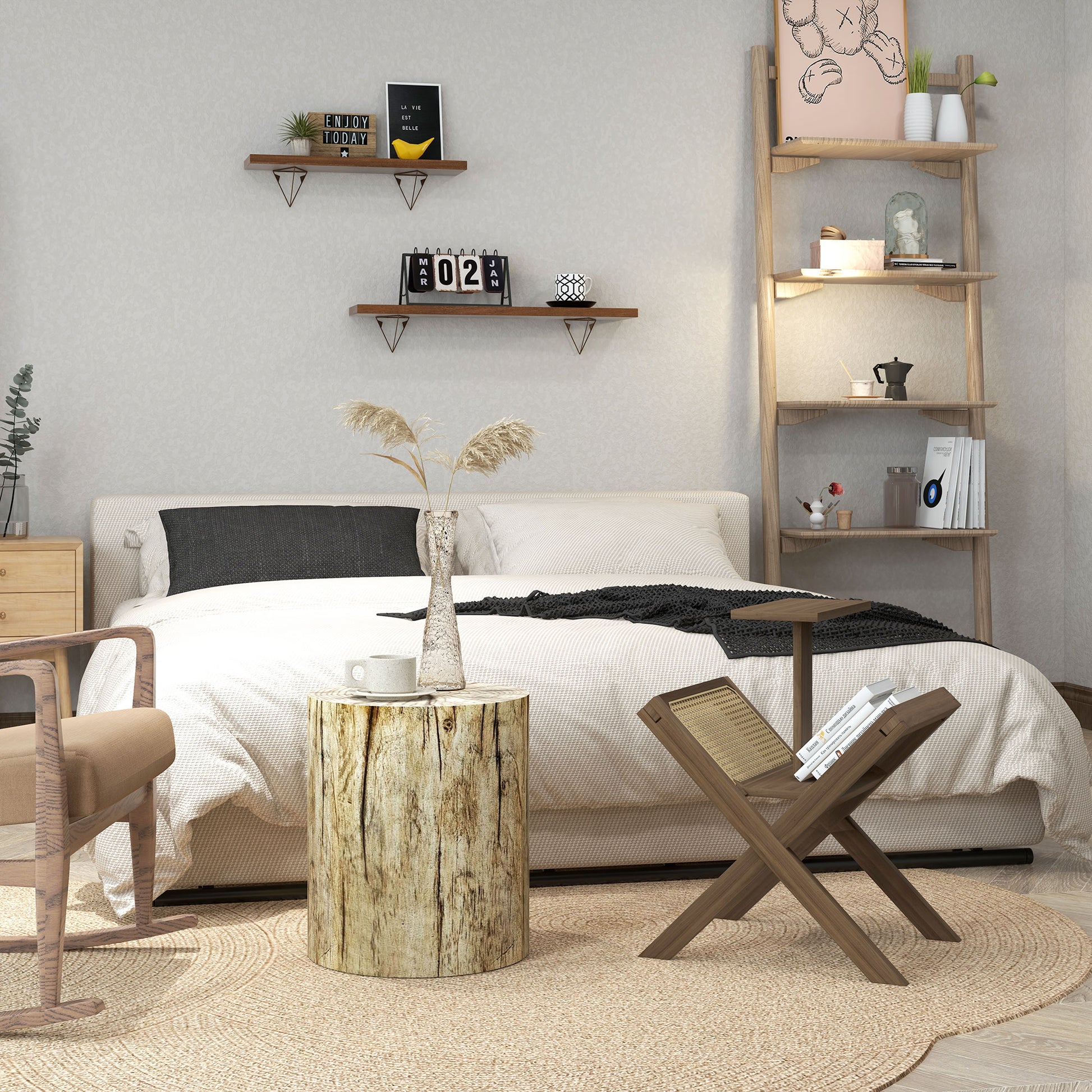Wooden bedside table with three drawers and a glass top bedside lamp