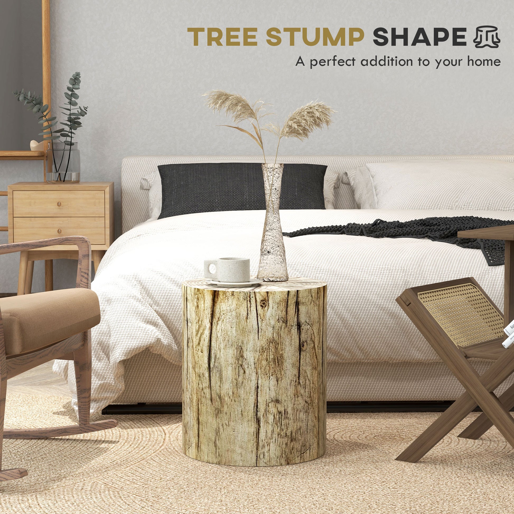 Rustic tree stump side table with realistic wood grain texture perfect as a unique accent piece