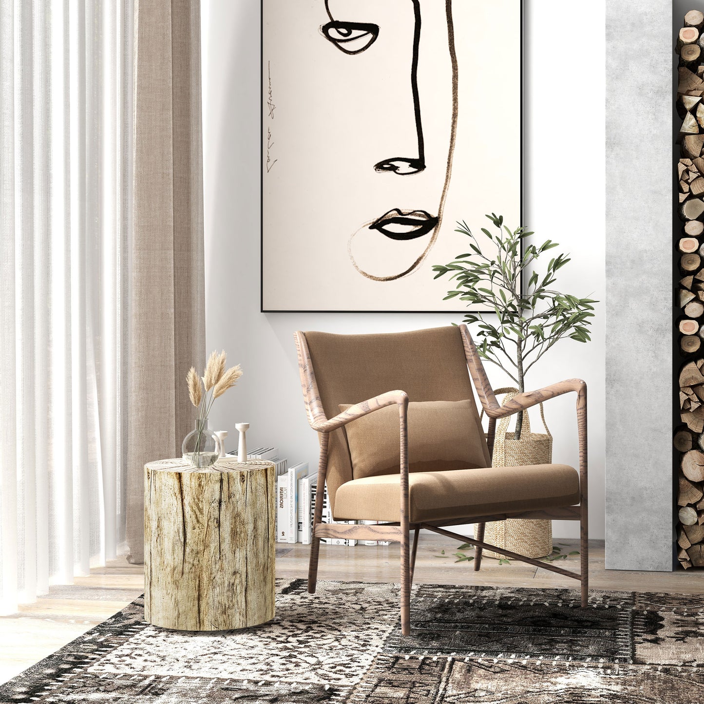 Tan fabric accent chair with wooden frame and accent pillow