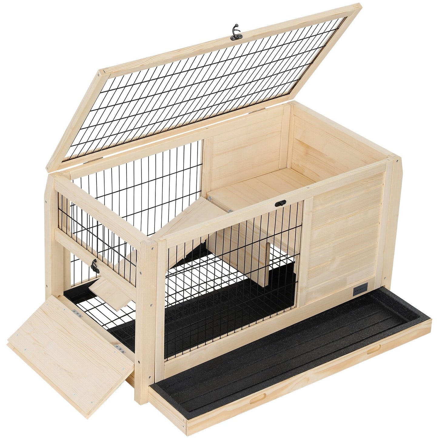 Natural wood rabbit hutch with open roof ramp and pullout tray