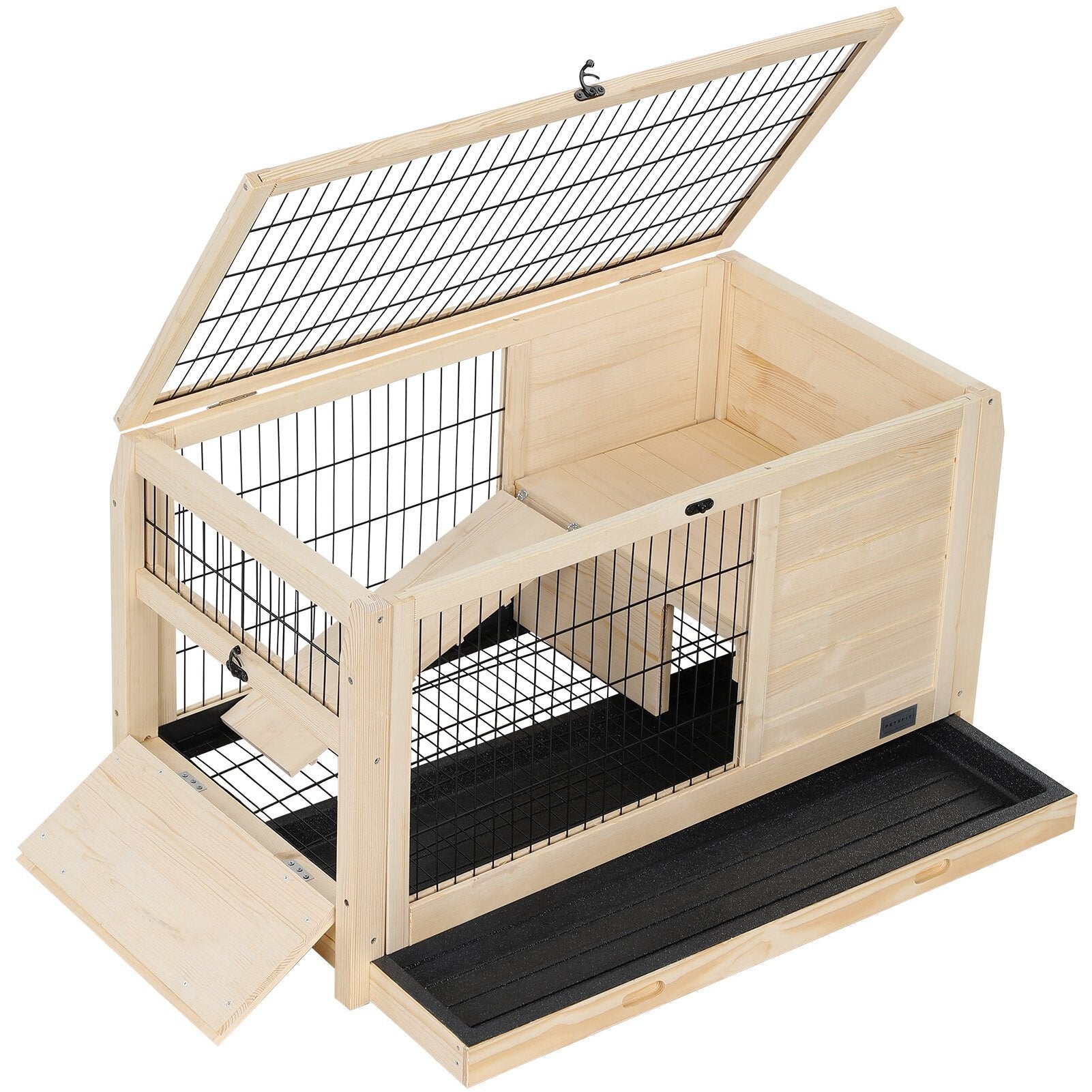 Natural wood rabbit hutch with open roof ramp and pullout tray