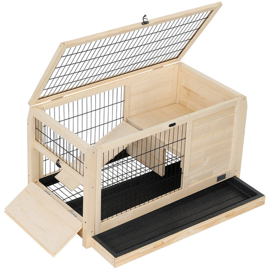 Natural wood rabbit hutch with open roof ramp and pullout tray