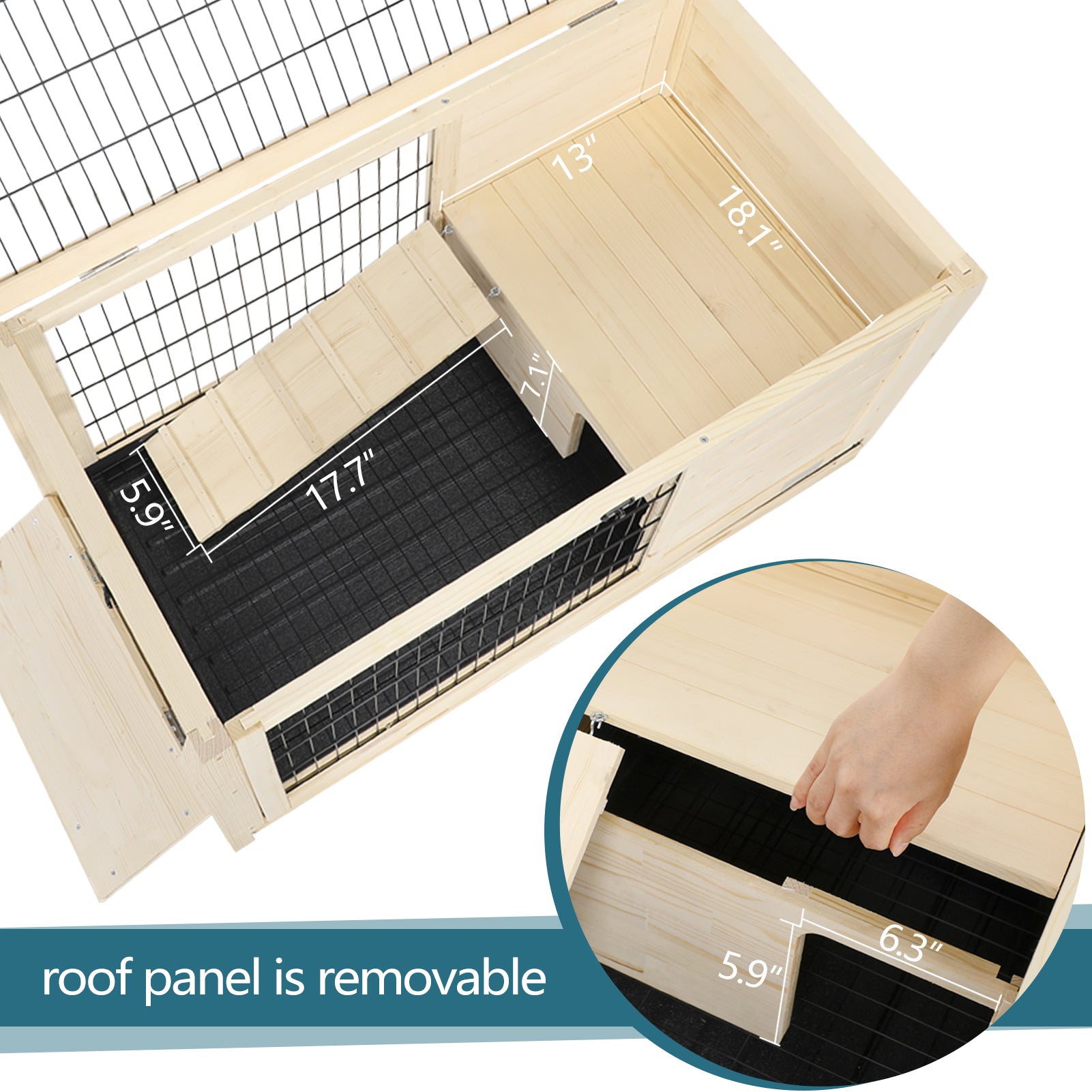 Wooden rabbit hutch with ramp showing  inch ramp length Natural pine finish