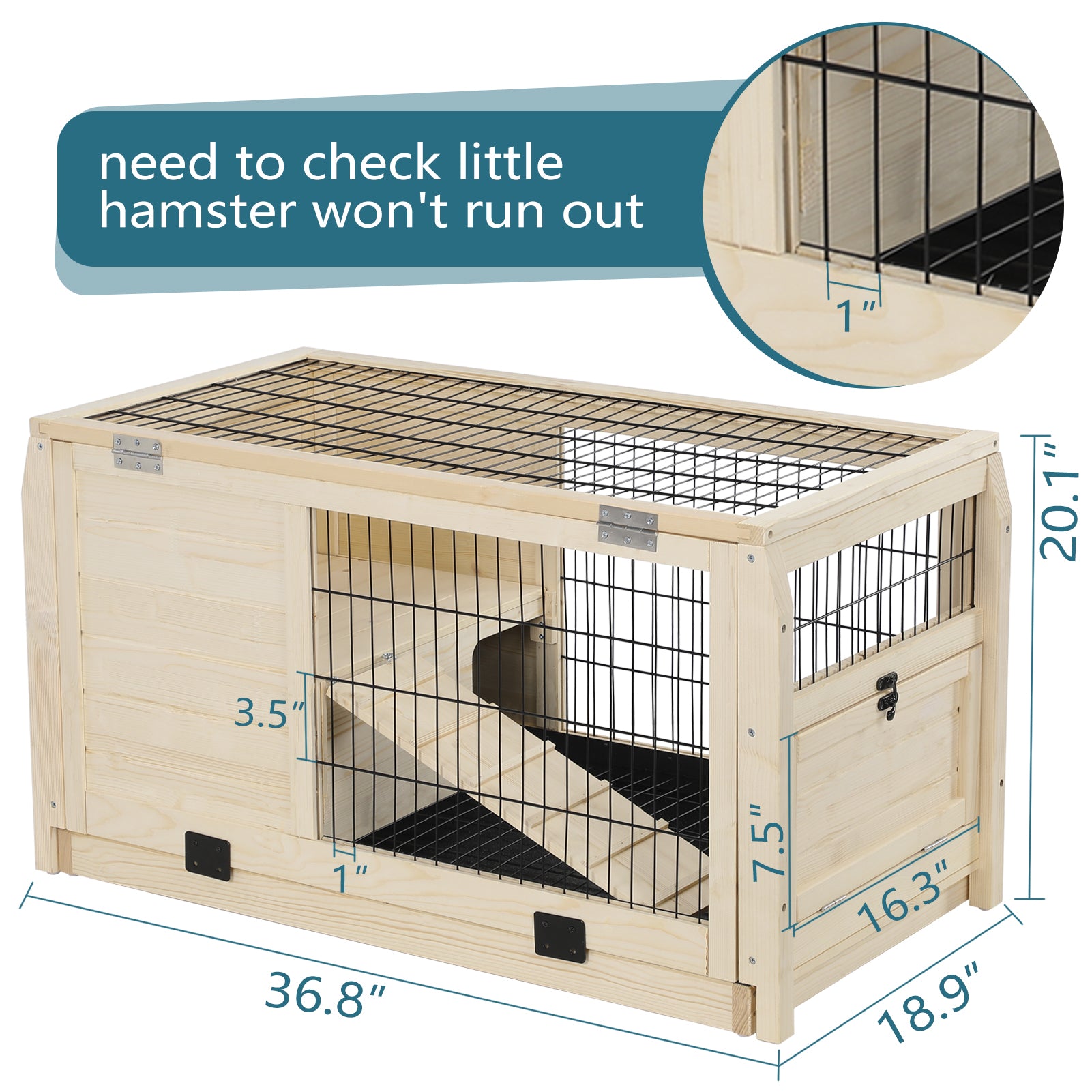 Natural wood hamster cage with wire mesh top ramps and latched door Dimensions  L x  W x  H